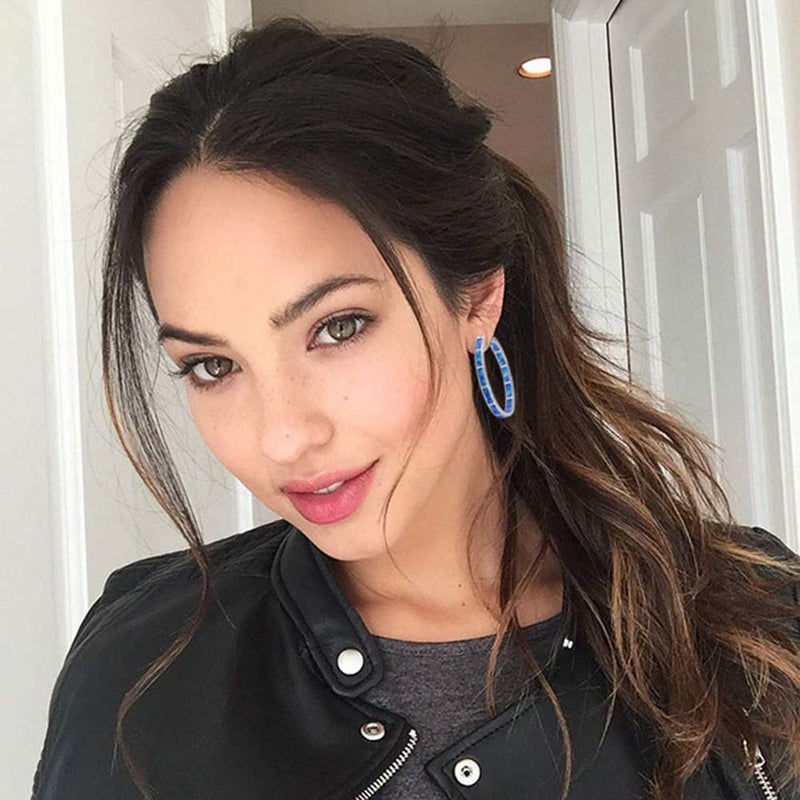 CiNily Blue Opal Hoop Earrings for Women,Big Hoop Earrings Large Opal Jewelry Rhodium Plated Gemstone Earrings 32mm - Image 4